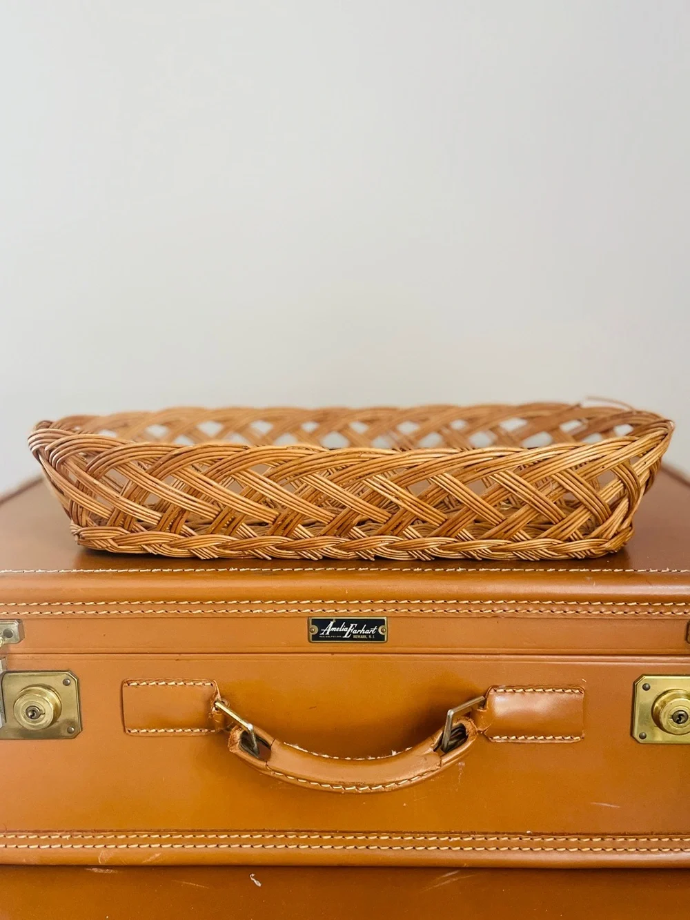 Woven Rattan Oblong Basket Natural Brown Open Weave Diagonals Scalloped Edges